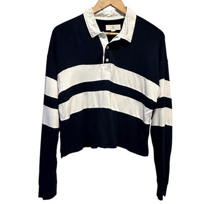 Thread Supply Crop Rugby Polo Womens Large Navy White Striped Long Sleeve Preppy
