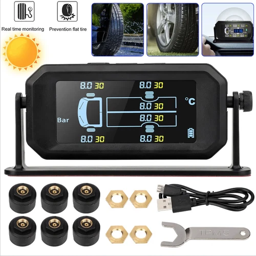 Wireless Solar TPMS LCD Car Tire Pressure Monitoring System + 6 External Sensors