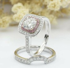 2.45ct Cushion White Pink CZ Double Halo Engagement Ring Set 925 Silver
