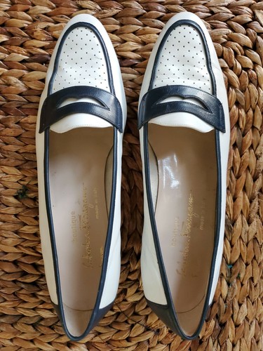 Salvatore Ferragamo White Navy Leather Loafers Women's sz 10 - Picture 2 of 11
