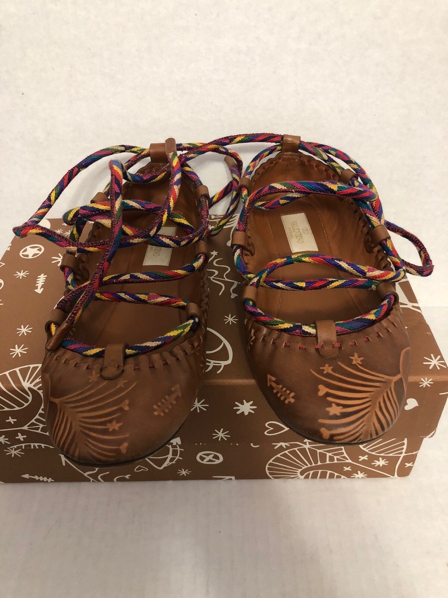 VALENTINO Made in Italy Santeria Lace Up Brown Leather Ballet