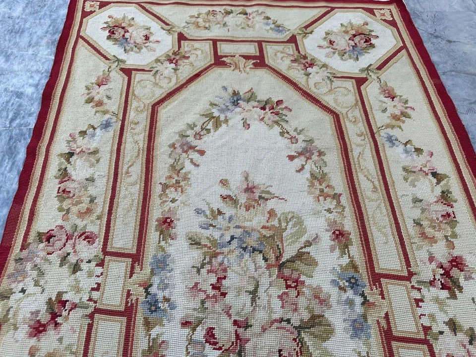 Alfombra francesa vintage Aubusson punta de aguja lana decoración del hogar alfombra 133x75 cm Foto 4 de 4