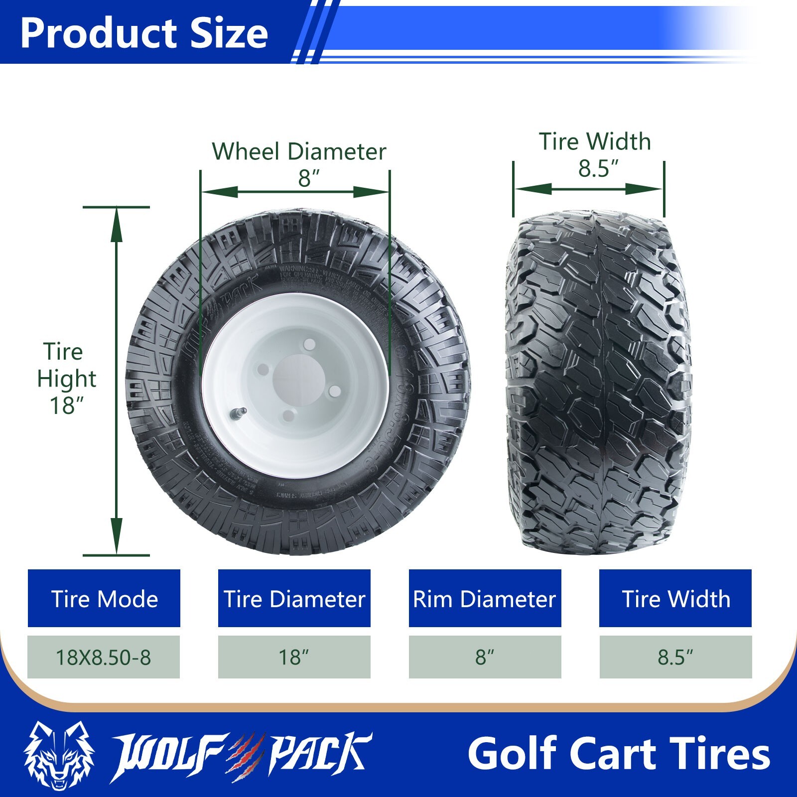 Set 4 Wolf Pack 18X8.50-8 6ply on 8X7 4-4.0 White Solid Wheel Golf Cart Tires