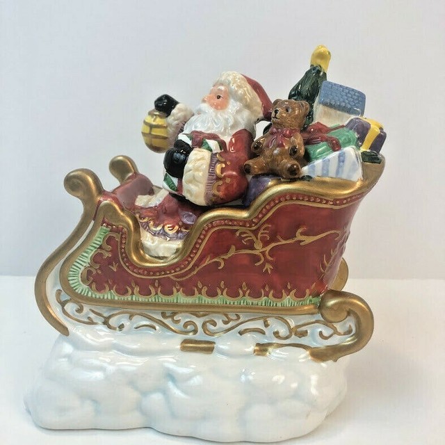 Kirkland Ceramic Christmas Santa Sleigh Reindeer Candle Holder 2pc. Set