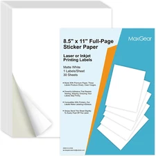 8.5" X 11" Full-Page Sticker Paper for Inkjet or Laser Printer, Shipping Address