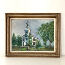 Vintage Mid Century Impressionist Painting 30x25" Rural School /Church Landscape