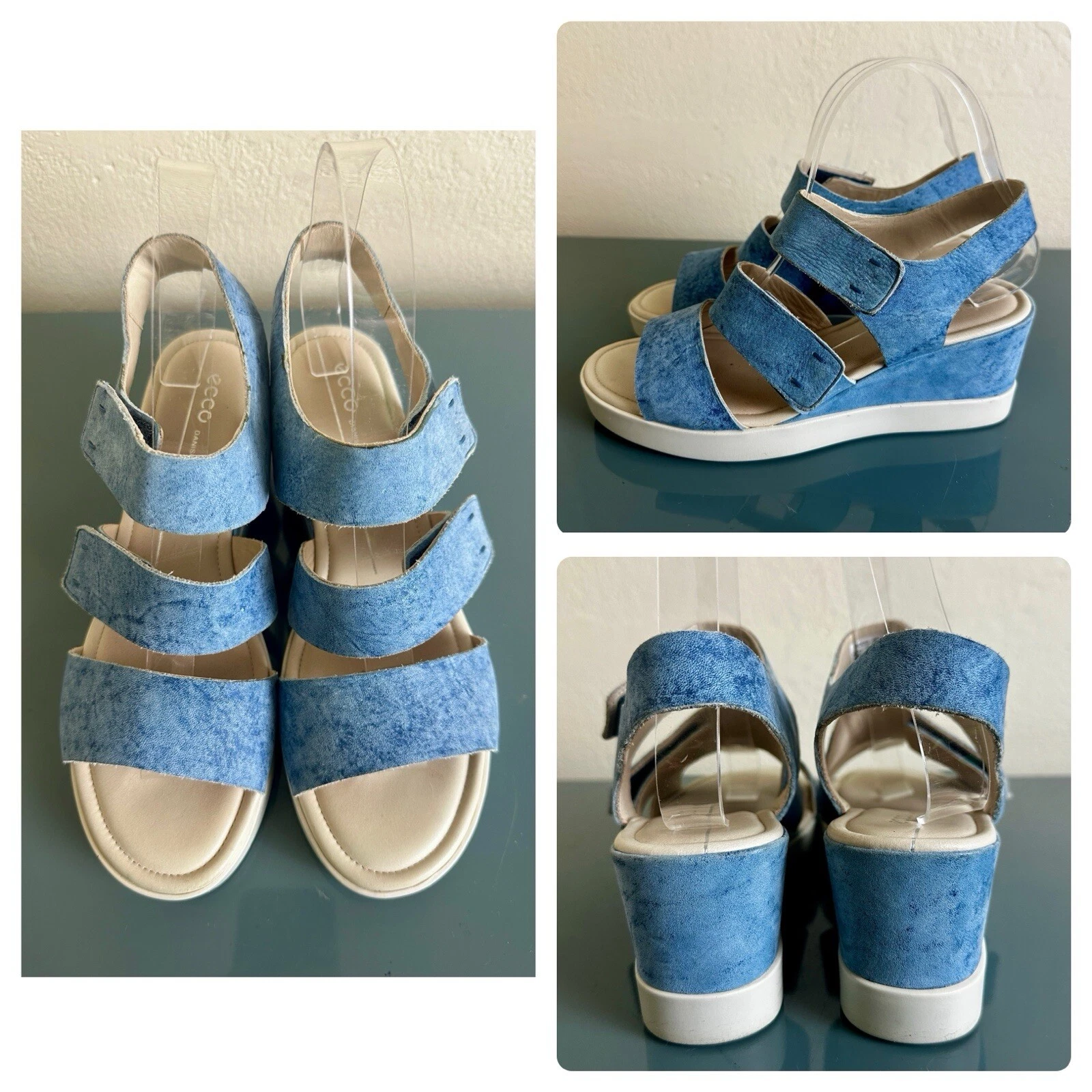 Sandali comfort zeppa plateau Ecco Touch denim pelle indaco EU 38 US 7 ex cond