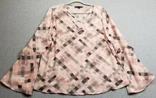 Signature Studio Top Womens Large L Pink Gray Squares Geometric Long Bell Sleeve