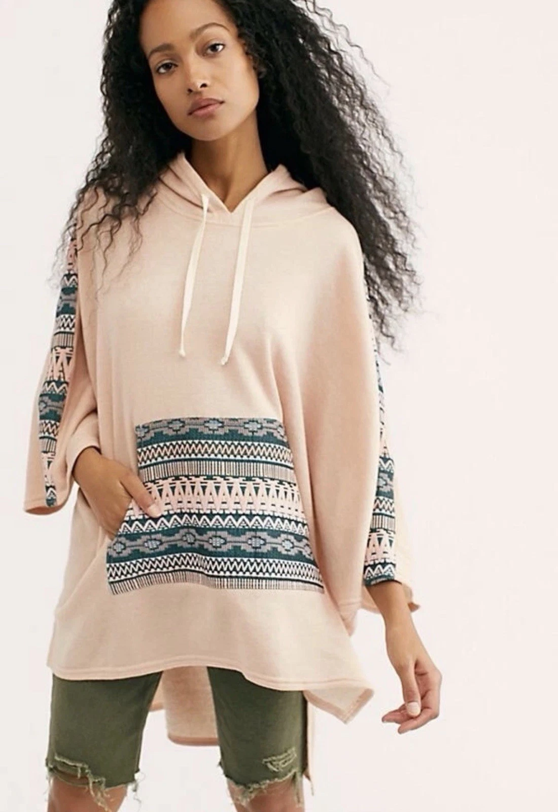 FREE PEOPLE O/S CORONADO HOODED EMBROIDERED PULLOVER PONCHO SWEATSHIRT