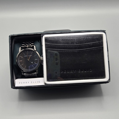 NEW Perry Ellis Men's Watch and Wallet Gift Set Black PRYST221 NWT $135