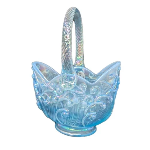 Fenton Art Glass Iridescent Decorative Basket Lily Of The Valley Cottagecore