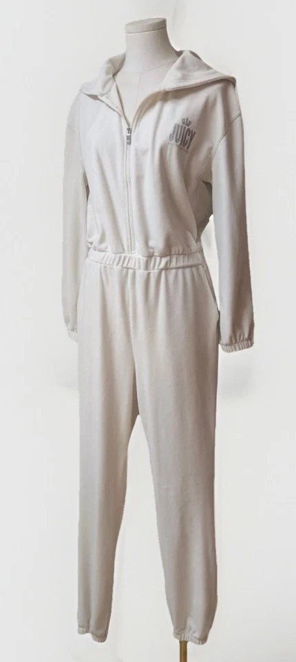 Juicy Couture Velour Jumpsuit Women's L Hooded Silver Logo Zip Front One Piece - Image 2 of 4