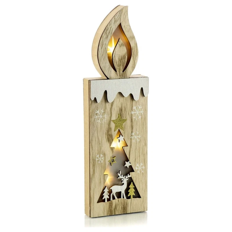 Candela Decorativa Legno con Incisione e LED Evviva 9x30 cm Decorazione Natale, fotografia 2 di 9