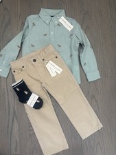 NWT Janie and Jack boy SPRING 3-piece dog green shirt khaki pants socks SET 3