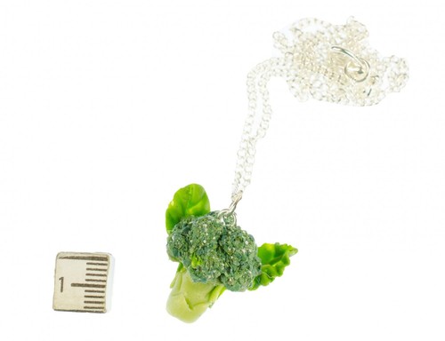 Broccoli Necklace Miniblings 17 11/16in Silver Veggie Vegetables Kohl Green - Picture 3 of 4