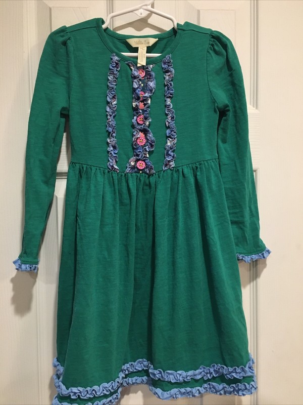Matilda Jane Girls 4 Family Tree Dress EUC Green Blue With Buttons