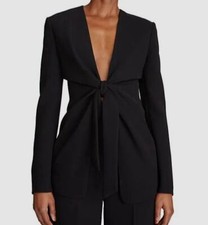  645 Halston Women's Black Stretch Crepe Front-Tie Blazer Coat Jacket Size 4