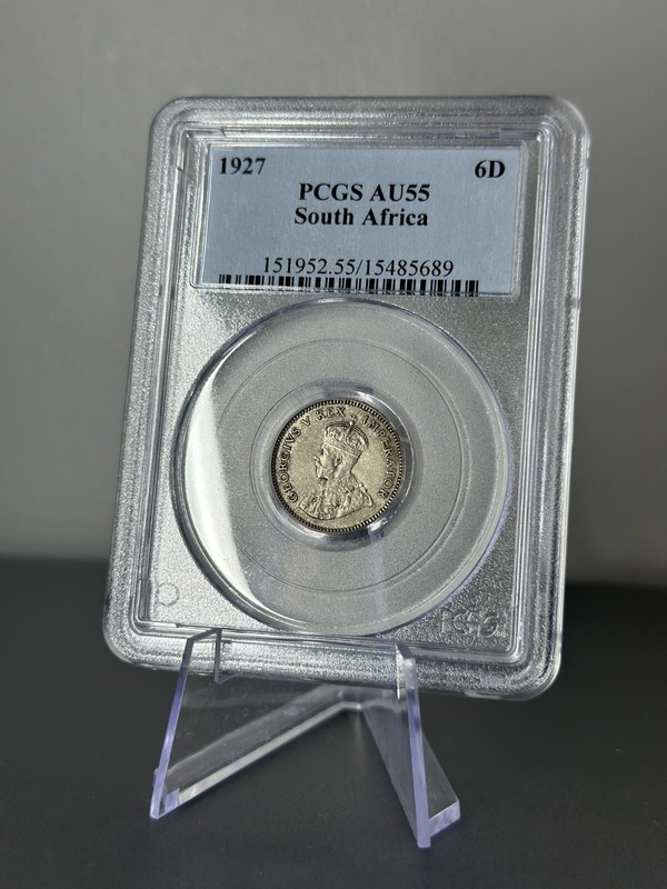 1927 South Africa 6 Pence Silver Coin PCGS AU55
