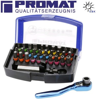 PROMAT Bitsortiment 33tlg. Schlitz/PH/PZD/TX/TX mit Bohrung + Bitknarre + Box