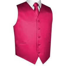 Men's Fuchsia Satin Formal Wedding Prom Homecoming Tuxedo Vest Tie Hankie Set
