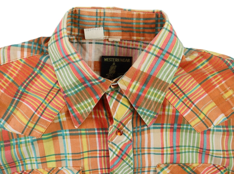 Camisa De Colección Años 70 SEARS WESTERN WEAR US Para Hombre 15 Naranja A Cuadros Manga Corta Foto 4 de 4