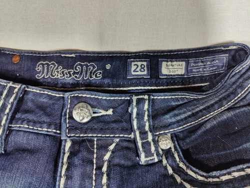 Miss Me Jeans Women 28 Loose Saddle Stitch Border Bootcut Flap Pocket Blue - Picture 8 of 11