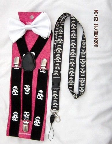 Tuxedo Unisex White Adjustable Bow tie&Misfits Adj Y-Back Suspenders&Lanyard-New - Picture 1 of 3