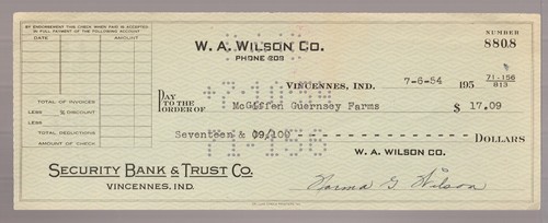 1954 used check - W.A. Wilson Co, McGiffen Guernsey Farms,. Vincennes, Indiana