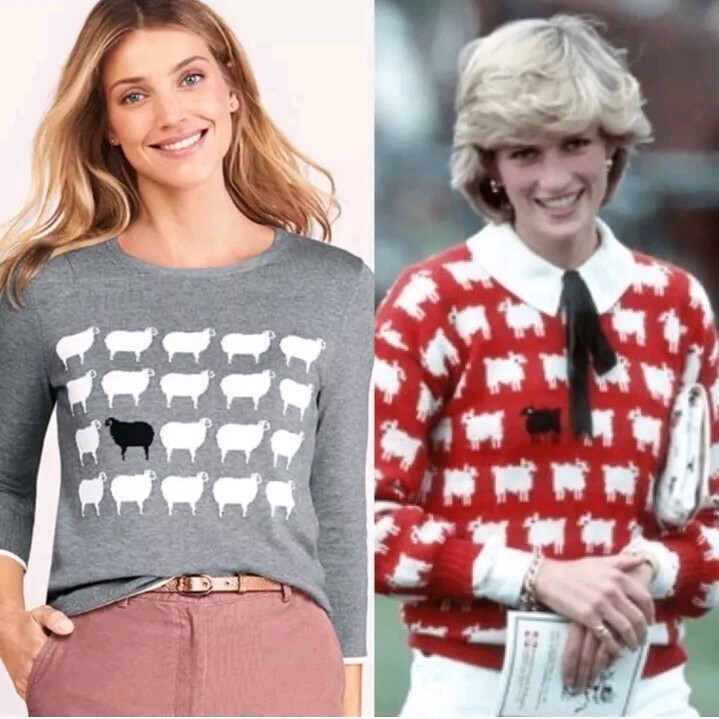 Lands End Black Sheep Sweater Large Grey Cotton Princess Diana 3/4 Sleeve