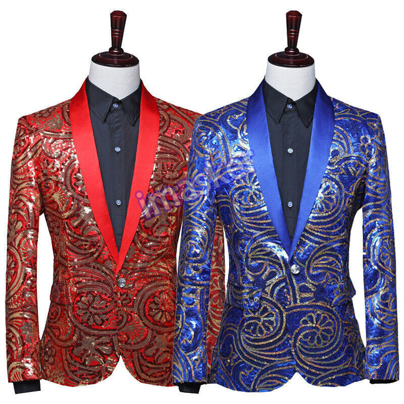 Men's Reversible Sequin Jacket Sparkly Floral Glitter Coat Stage Costume Suit