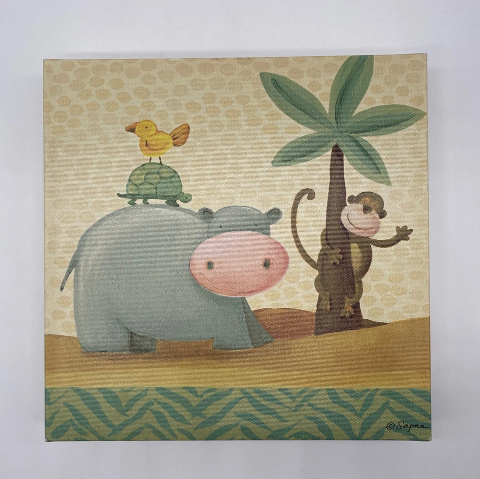 Juego de 3 impresiones en lienzo de animales Sapna mono león jirafa hipopótamo decoración de guardería Foto 4 de 4