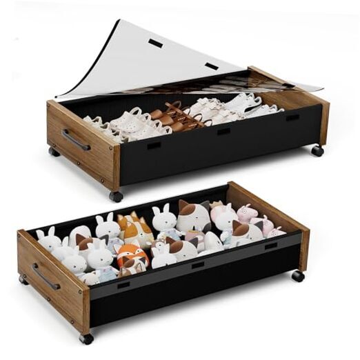 Under Bed Storage Organizer with Smooth-Glide Wheels - Walnut Brown Shoe Storage Solution, 2-Pack for Effortless Space Saving and Stylish Organization-image