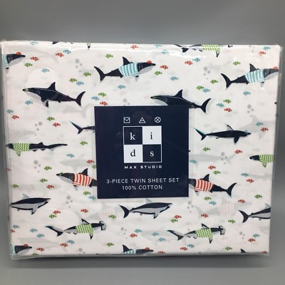 Max Studio Kid Shark TWIN Sheet Set Novelty Ocean Fish Red Green 100% Cotton NEW