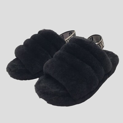 Ugg Womens Fluff Yeah Slide Sandals Black Sheepskin Size 5