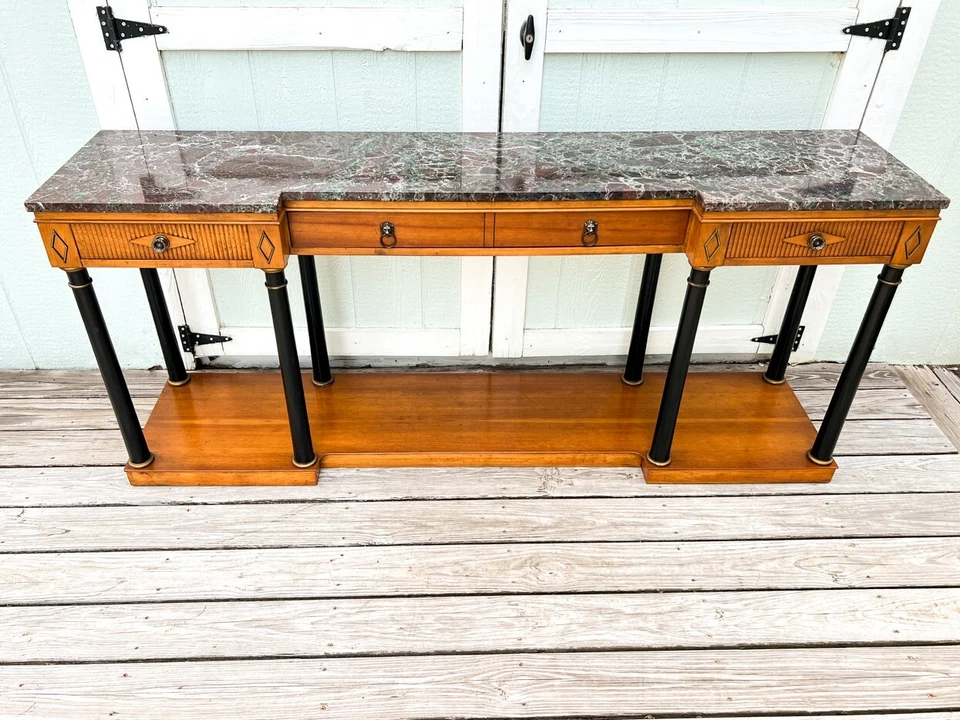 Mesa sofá consola Biedermeier vintage años 60 Widdicomb con tapa de mármol cerezo Foto 2 de 4