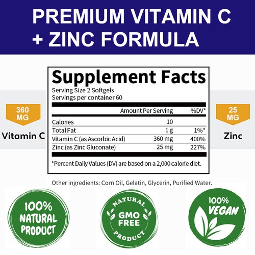 Vitamin C Capsules 360Mg with Zinc Powerful Immune Support Antioxident 120 Caps - Picture 3 of 12