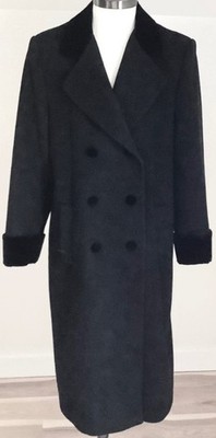 Liz Claiborne Coat Midi Black Wool Double Breasted Velveteen Cuff Lined 14P