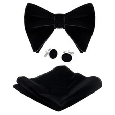 Black Velvet Bow Tie Pocket Square Cufflinks Set for Men, Solid Pre-tied