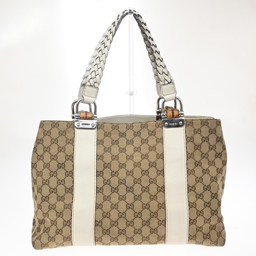 GUCCI Logo Bamboo GG Shoulder Hand Bag Canvas Leather Beige White Italy 70KD677