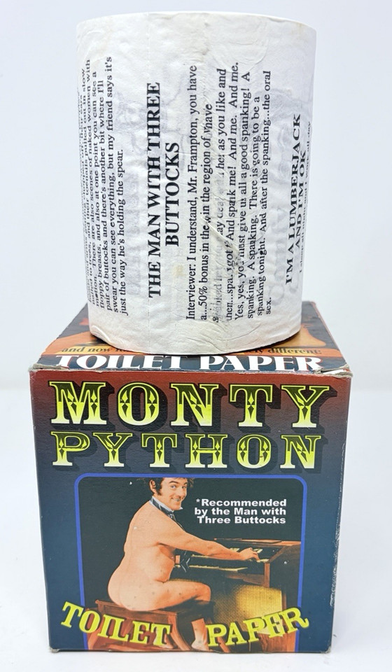Actual vintage Monty Python-branded toilet paper — a legitimately rare piece of absurdist British comedy merch you can't just buy new.
