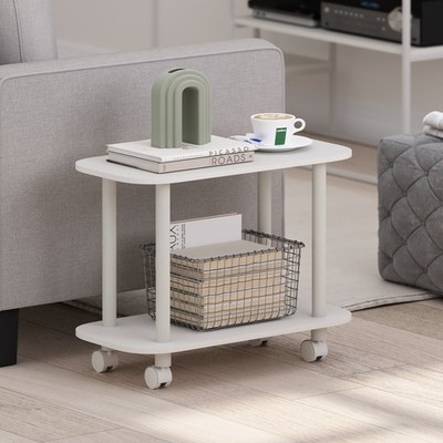 Modern Oval End Table Side Table W/ Casters White/White Locking Wheels