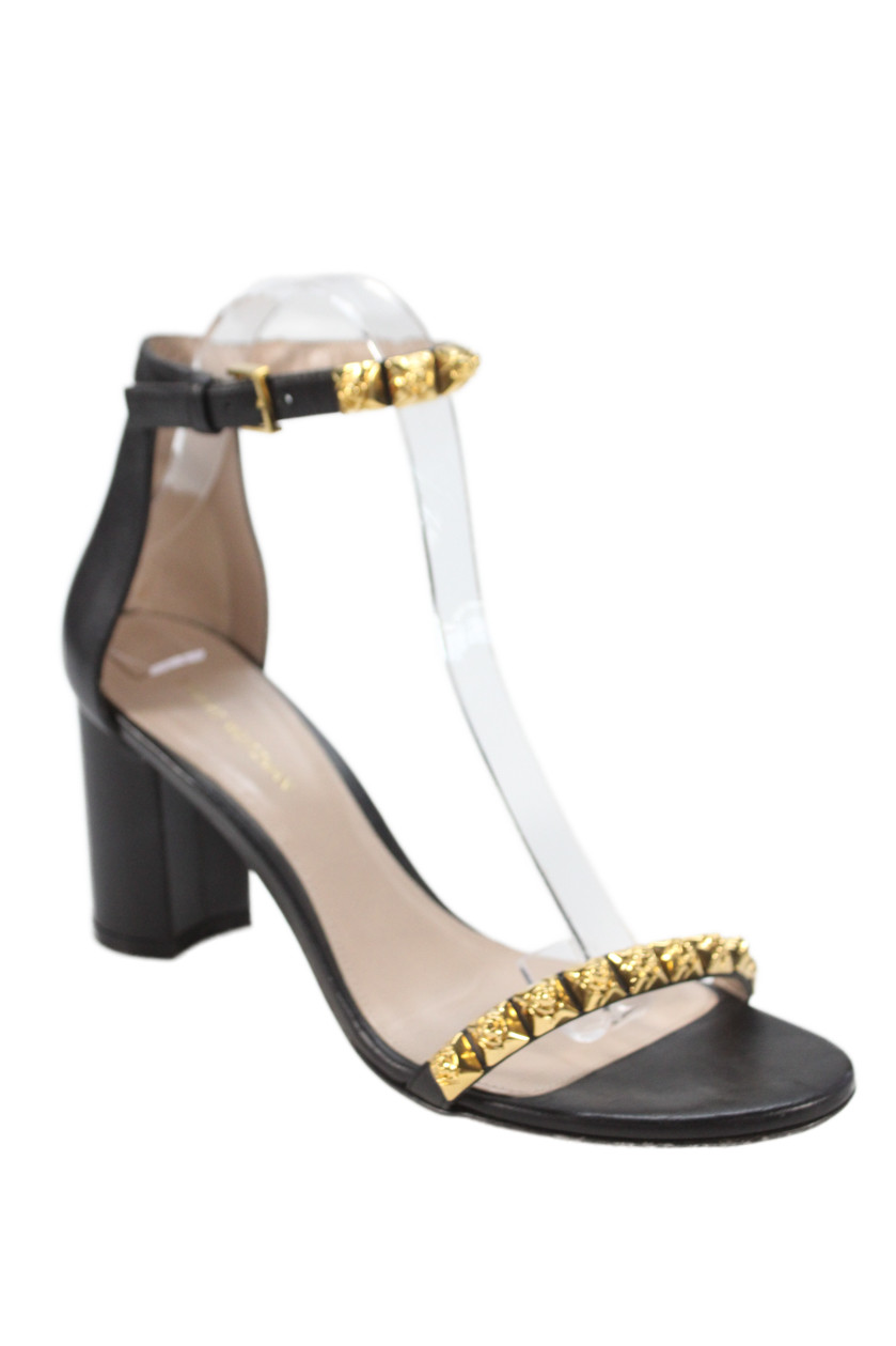 Stuart Weitzman Women's Open Toe Block Heel Gold Embellish Sandals Black Size 7.Free Shipping in US $100+ Orders | $6.95 Orders Below