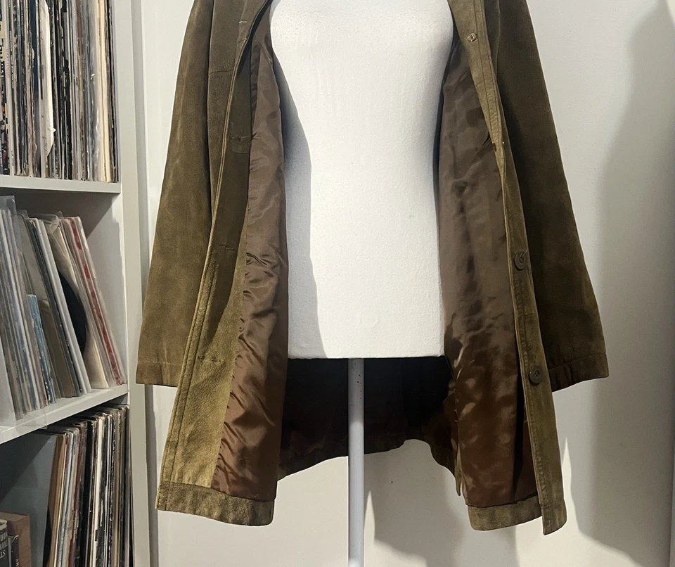 De Colección 90’s Jones New York Verde Oliva Gamuza Cuero Trench Coat Chaqueta Mujer’s S Foto 3 de 4