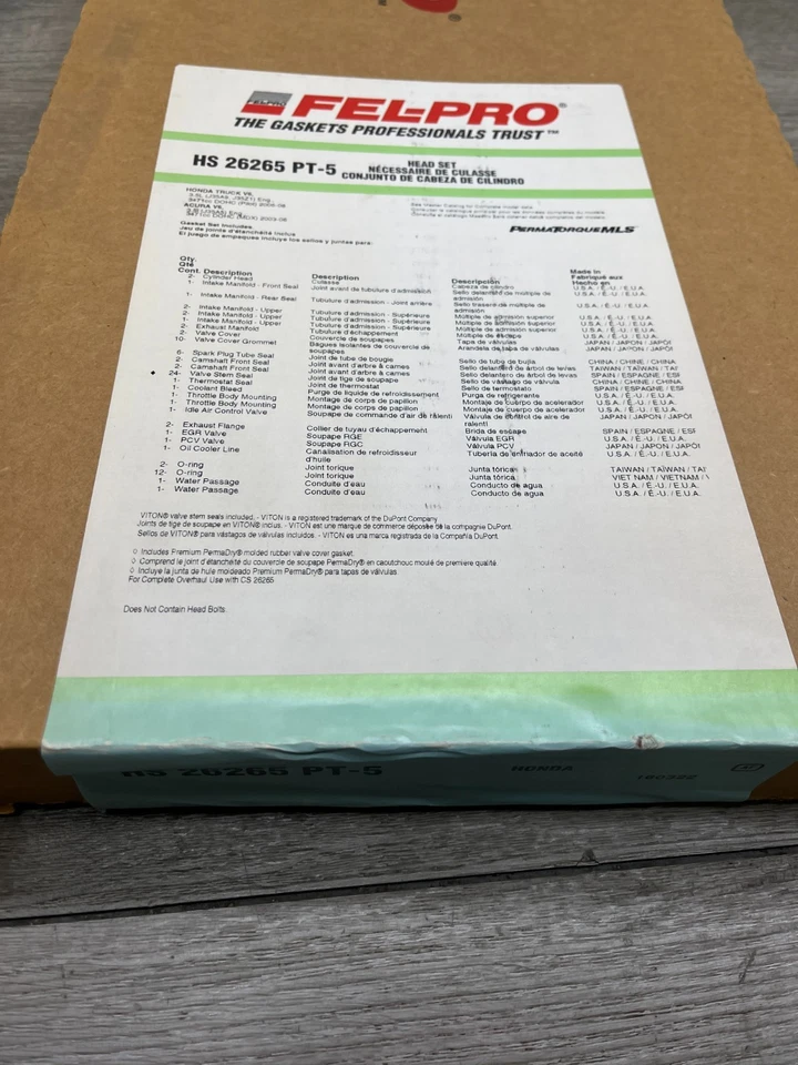 Juego de juntas de culata de motor Fel-Pro HS 26265 PT-5 para Honda/Acura 3.2 Foto 3 de 3