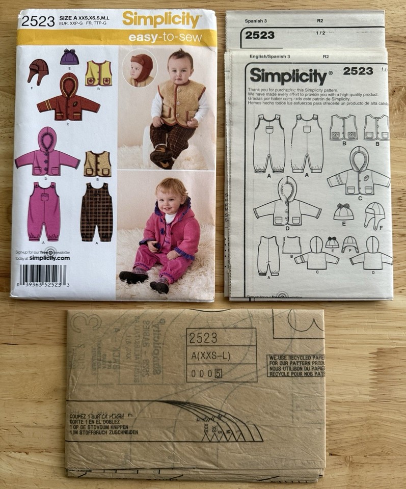 Simplicity pattern 2523 Babies Overalls Jacket Vest & Hats size XXS ...