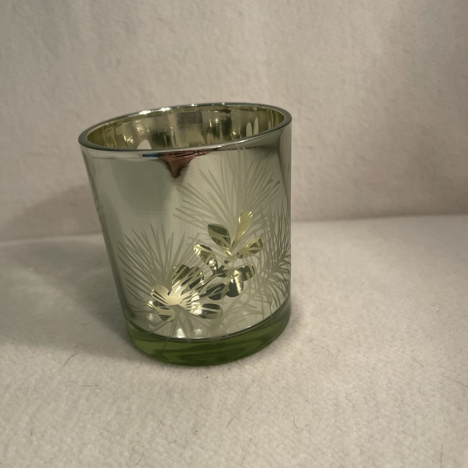 Gold Glass Candle Votive Holder W/ Evergreen & Berry Pattern