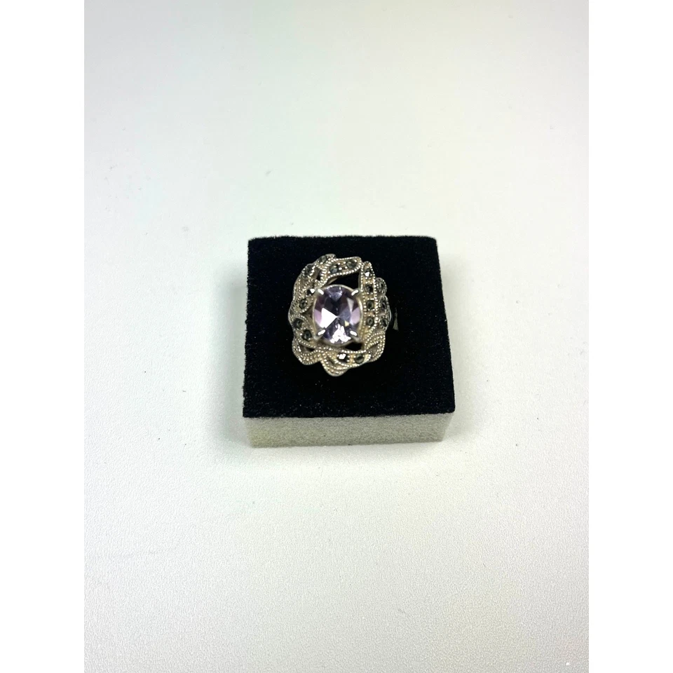 Vintage 925 Sterling Silver Amethyst & Marcasite Ring, Art Deco Style, Size 7.5 - Image 4 of 4