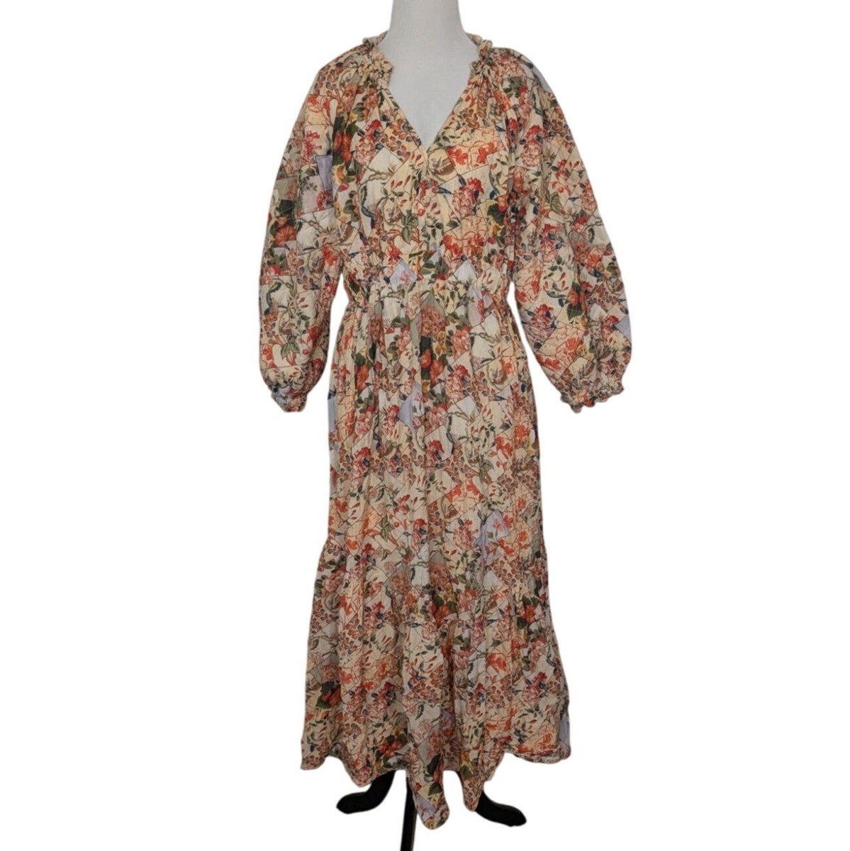Anna Cate Floral Chloe Maxi Dress Womens Size Large Beige Quilted Sleeves  Lined