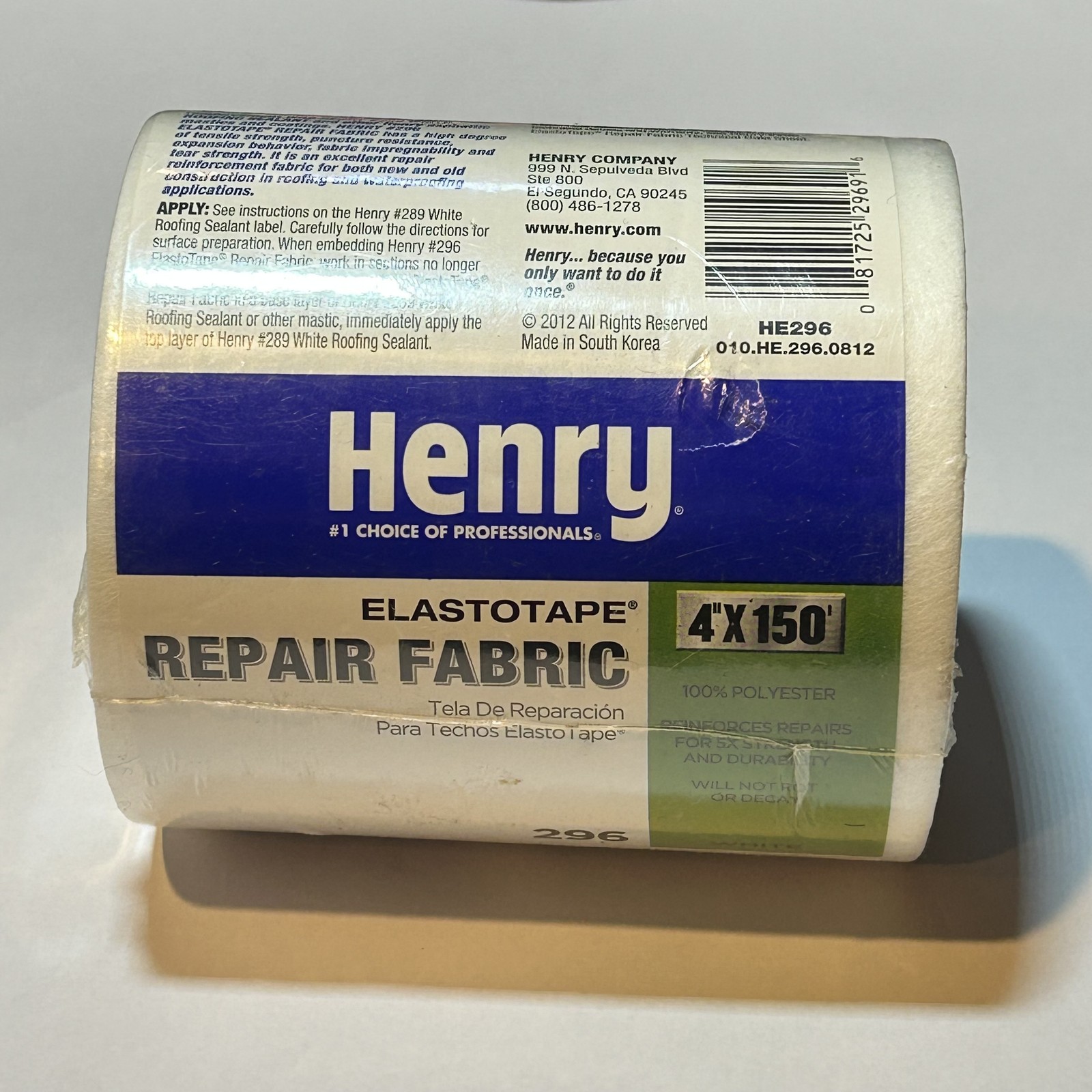 Henry HE296 Elastotape Repair Fabric 4" x 150' 100% Polyester White