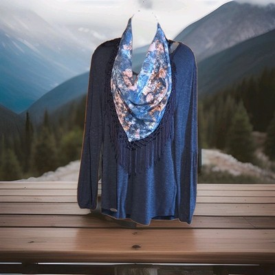 Style & Co Blue V-Neck Long Sleeve Stretch Pullover Top W Removable Scarf L